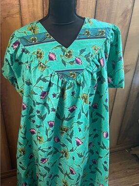 Expressions Turquoise Floral Print Cotton Muumuu with Purple Accents